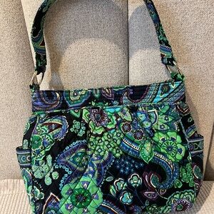 Elegant Vera Bradley Shoulder Bag in Black and Green with small matching clutch